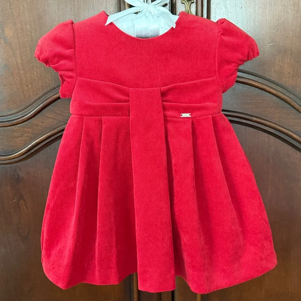 Mayoral Baby Girl 9M Red Corduroy Christmas Holiday Dress Spain Puff Sleeve